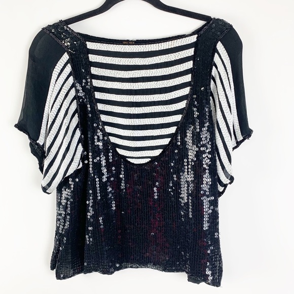 Vintage Tops - Vintage Silk Sequin Short Sleeve Striped Blouse M